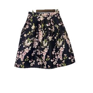 Alya Women’s Cherry Blossom Size L A Line Black Pleated Mid Length Floral Skirt
